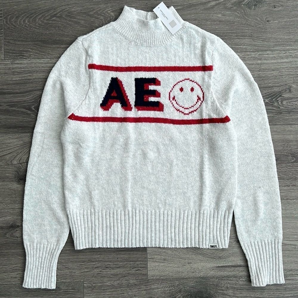 AMERICAN EAGLE Smiley Mock Neck Sweater Medium Gray Logo Soft Knit Winter Gift